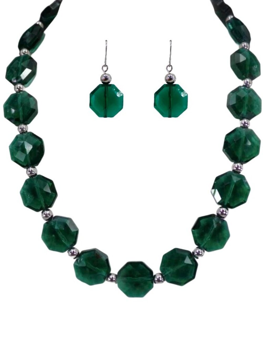 Green glass bead necklace and earring set with silver beads, dressy formal New